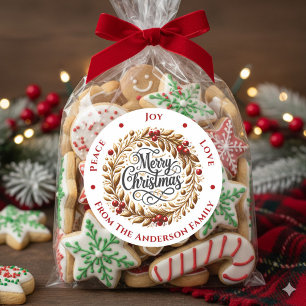 Pegatina Redonda Navidades Wreath Peace Joy Love