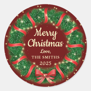 Pegatina Redonda Navidades Wreath Red Ribbon Gold Purpurina Holiday