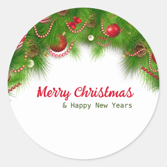 Pegatina Redonda Navidades Wreath y Bombillas rojas, y presentes (Anverso)