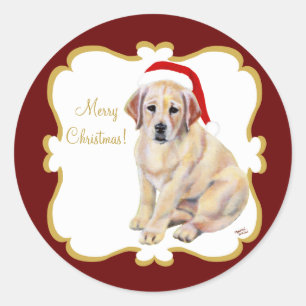 Pegatina Redonda Navidades Yellow Labrador Puppy