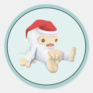 Pegatina Redonda Navidades Yeti Doll usando un Sombrero Santa