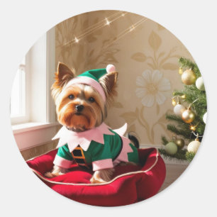 Pegatina Redonda Navidades Yorkie