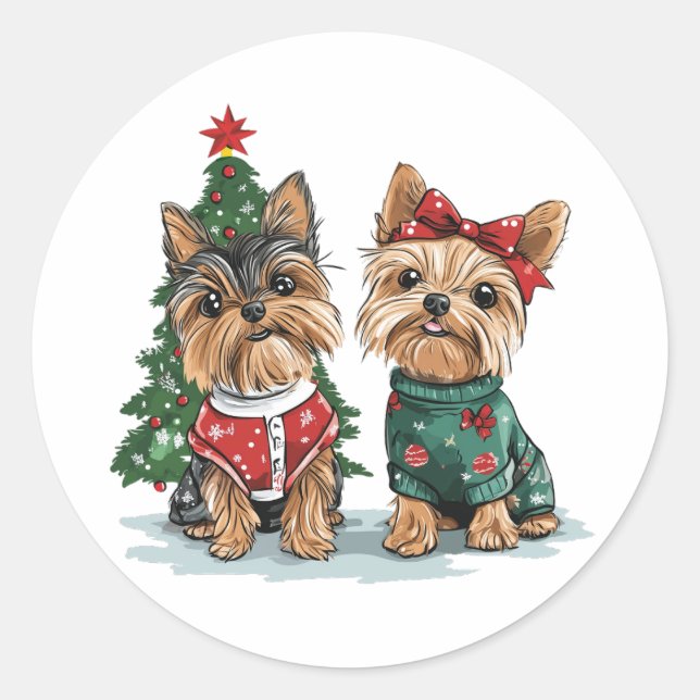 Pegatina Redonda Navidades Yorkie Dogs (Anverso)