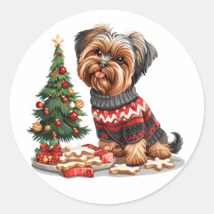 Pegatina Redonda Navidades Yorkshire Terrier Dogs