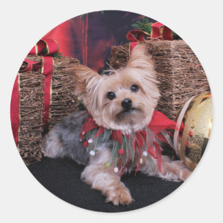Pegatina Redonda Navidades - Yorkshire Terrier - Vinnie