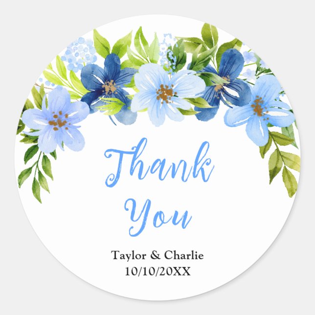 Pegatina Redonda Navy and Baby Blue Floral Wedding Thank You (Anverso)