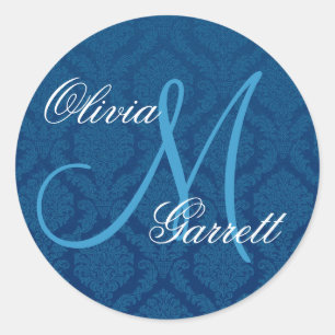 Pegatina Redonda NAVY AZUL Damask Wedding Personalizado Monograma V