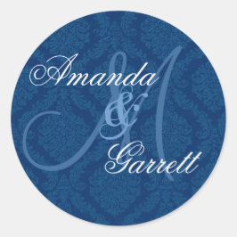 Pegatina Redonda NAVY AZUL Damask Wedding Personalizado Monograma V