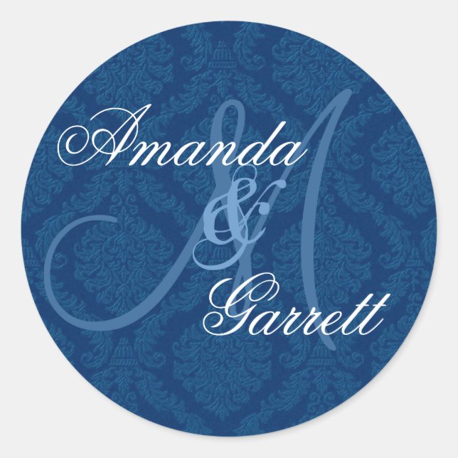 Pegatina Redonda NAVY AZUL Damask Wedding Personalizado Monograma V (Anverso)