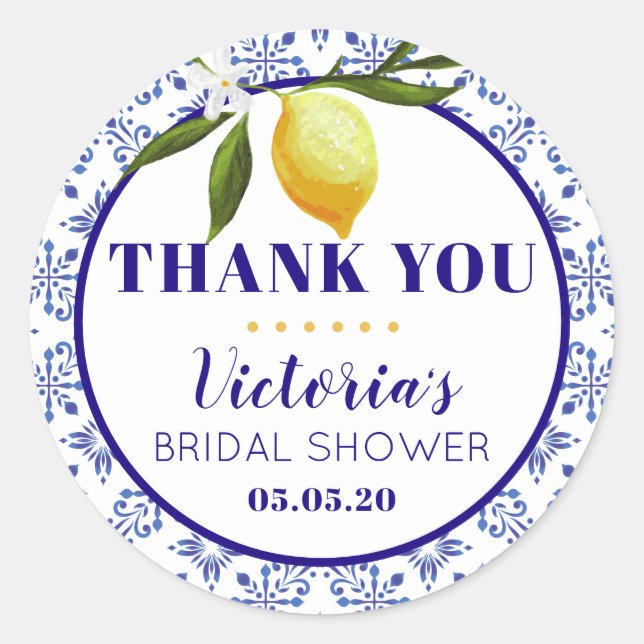 Pegatina Redonda Navy Blue and Lemon bridal shower round sticker (Anverso)