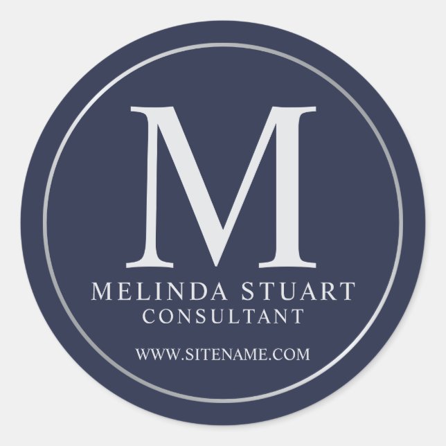 Pegatina Redonda Navy Blue and Silver Elegant Monograma Business (Anverso)