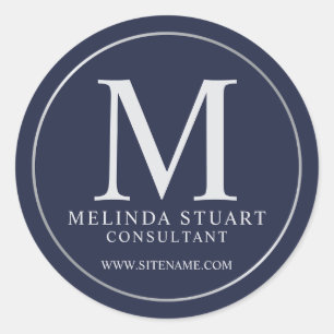 Pegatina Redonda Navy Blue and Silver Elegant Monograma Business