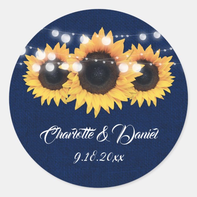 Pegatina Redonda Navy Blue Burlap String Lights Sunflower Wedding (Anverso)