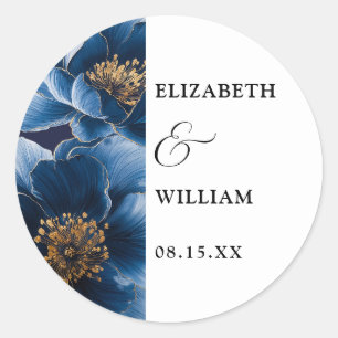 Pegatina Redonda Navy Blue Elegant Modern Floral Wedding Favor