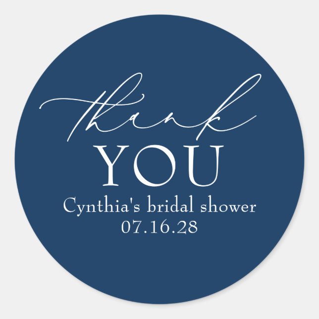 Pegatina Redonda Navy Blue Elegant Script Modern Thank You  (Anverso)