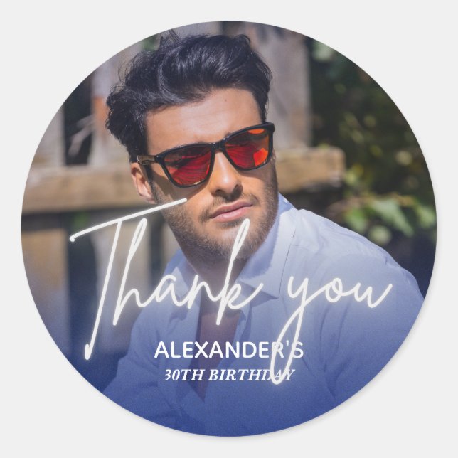 Pegatina Redonda Navy blue Gradient Photo Birthday Thank you (Anverso)