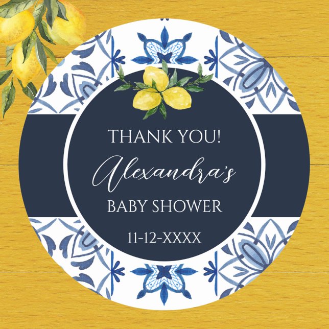 Pegatina Redonda Navy Blue Italian Lemon Baby Shower Gracias (Subido por el creador)