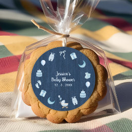 Pegatina Redonda Navy Blue Jean Baby Denim Baby Shower Gracias