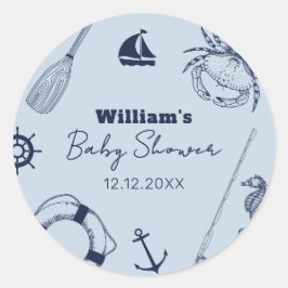 Pegatina Redonda Navy Blue Modern Elegant Fishing Boy Baby Shower