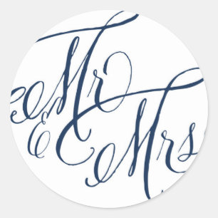 Pegatina Redonda Navy Blue Mr. y la Sra. Elegant Script Boda