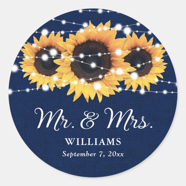 Pegatina Redonda Navy Blue Mr. y la Sra. Sunflower Wedding Stickers (Anverso)