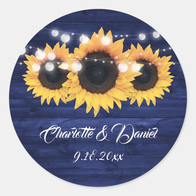 Pegatina Redonda Navy Blue Rustic Wood Lights Sunflower Wedding (Anverso)