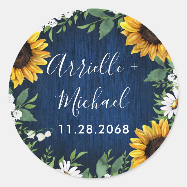 Pegatina Redonda Navy Blue Sunflower Rustic Wedding Favor (Anverso)