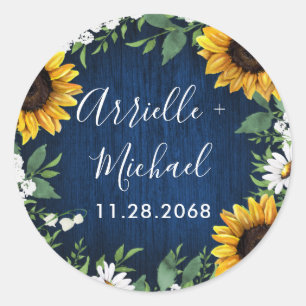 Pegatina Redonda Navy Blue Sunflower Rustic Wedding Favor