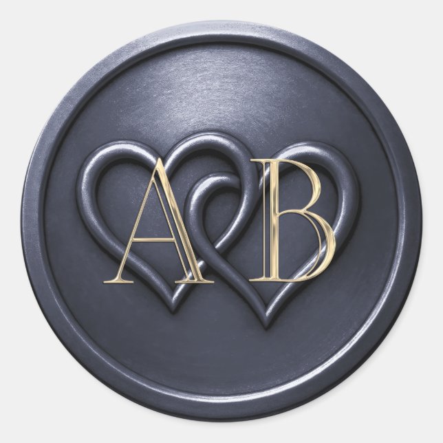 Pegatina Redonda Navy Blue Two Hearts Intertwined Monogram Wedding (Anverso)