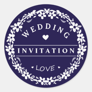 Pegatina Redonda Navy Blue & White Wedding Invitación al corazón de