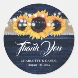 Pegatina Redonda Navy Blue Wood Burlap Lace Sunflower Wedding