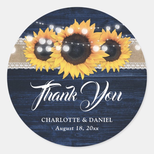 Pegatina Redonda Navy Blue Wood Burlap Lace Sunflower Wedding (Anverso)