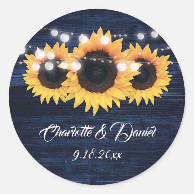 Pegatina Redonda Navy Blue Wood String Lights Sunflower Wedding (Anverso)