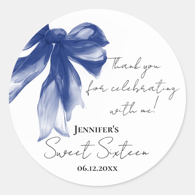 Pegatina Redonda Navy Bow Coquette Script Sweet 16 Thank You  (Anverso)