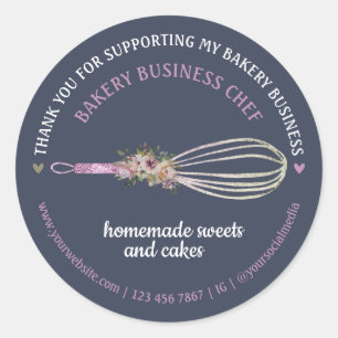 Pegatina Redonda Navy Cute Caterer Bakery Chef Purpurina Whisk Flow