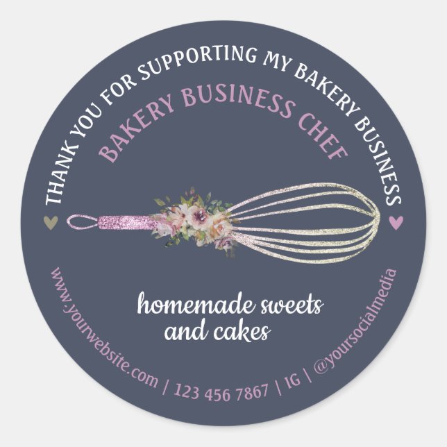 Pegatina Redonda Navy Cute Caterer Bakery Chef Purpurina Whisk Flow (Anverso)