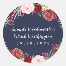 Pegatina Redonda Navy Fall Marsala Rubor Pink Peony Wedding Favor