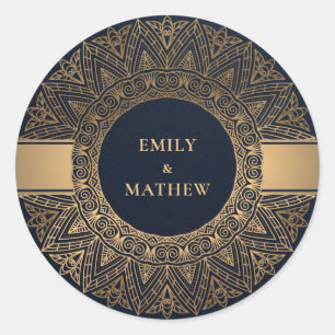 PEGATINA REDONDA NAVY GOLD CLASSIC ORNATE MANDALA BODA