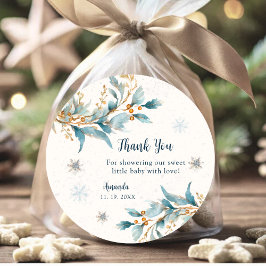Pegatina Redonda Navy Gold Snowflake Thank You – Winter Baby Shower