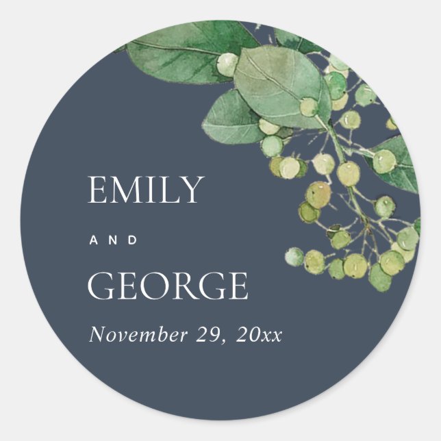 PEGATINA REDONDA NAVY LEAFY FOLIAGE GREENERY WATERCOLOR BODA (Anverso)
