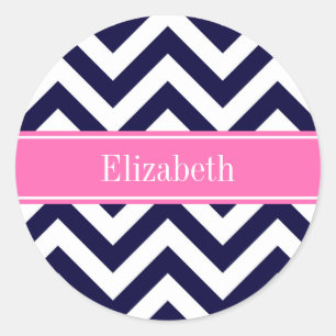 Pegatina Redonda Navy Lg Chevron HotPink2 Cuatrefoil Monograma Nomb