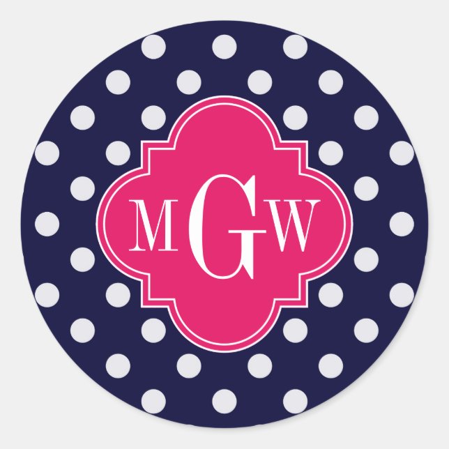 Pegatina Redonda Navy Whats Polka Dot Raspberry Quatrefoil 3 Monogr (Anverso)