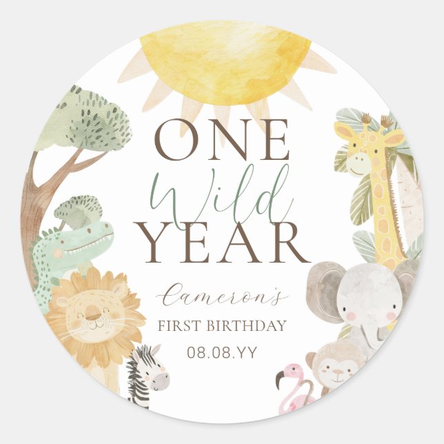 Pegatina Redonda Nayala Safari Animales Un Año Salvaje Primer Cumpl (Anverso)