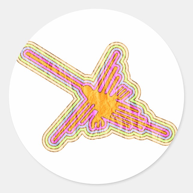 Pegatina Redonda Nazca Lines Hummingbird Con Efecto De Papel Arruga (Anverso)