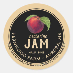 Pegatina Redonda Nectarine Jam Jelly Preserve Black Kraft Vintage