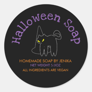 Pegatina Redonda Negocio casero de jabón de Halloween de gato negro