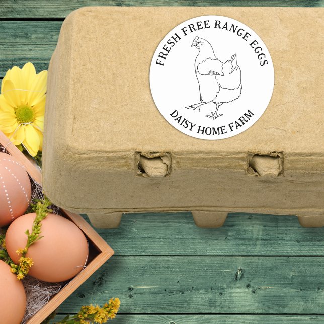 Pegatina Redonda Negocio de huevos frescos (Fresh free range chicken eggs custom sticker with simple hen line drawing )