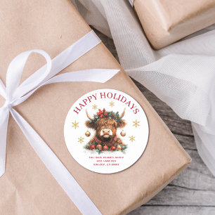 Pegatina Redonda Negocio de Navidad de Vaca Highland Adorable