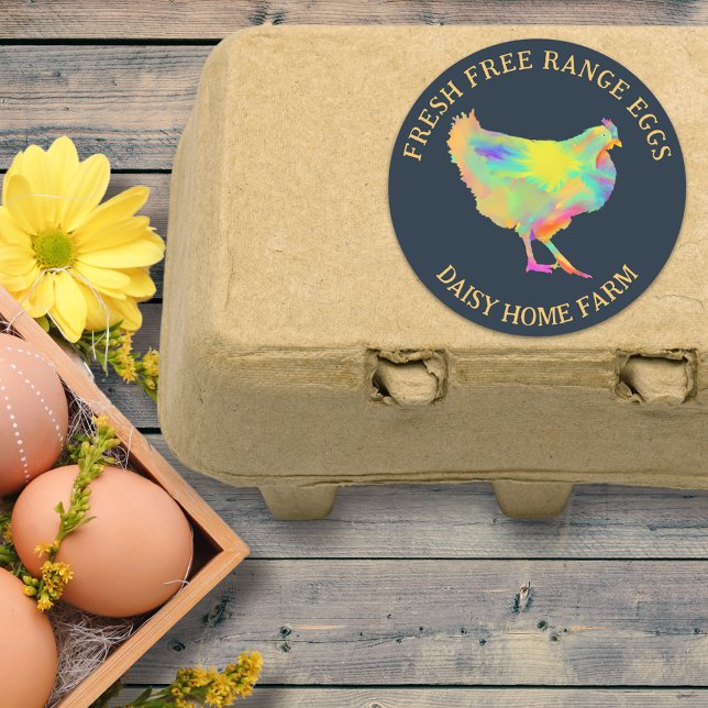 Pegatina Redonda Negocio de pollo de huevo fresco personalizado (Fresh free range chicken egg box stickers with personalized business name colorful hen)