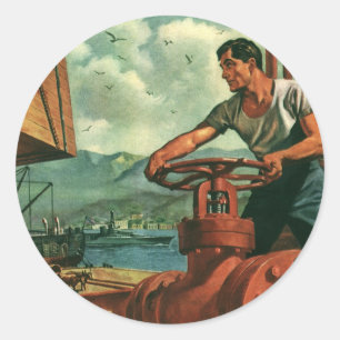 Pegatina Redonda Negocio vintage, barco petrolero con trabajador de